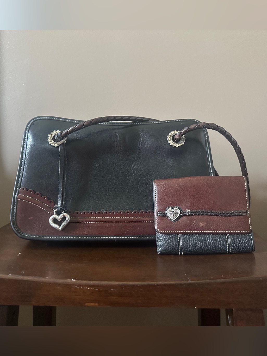 Black And Brown Leather Heart-Accent Shoulder Bag With Matching Wallet